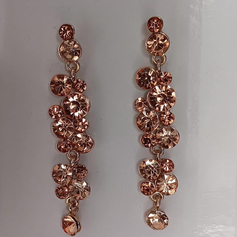Rose Gold & Pink Faux Diamonds Dangly Earrings, Post Back, 2.5" Length - Picture 5 of 6